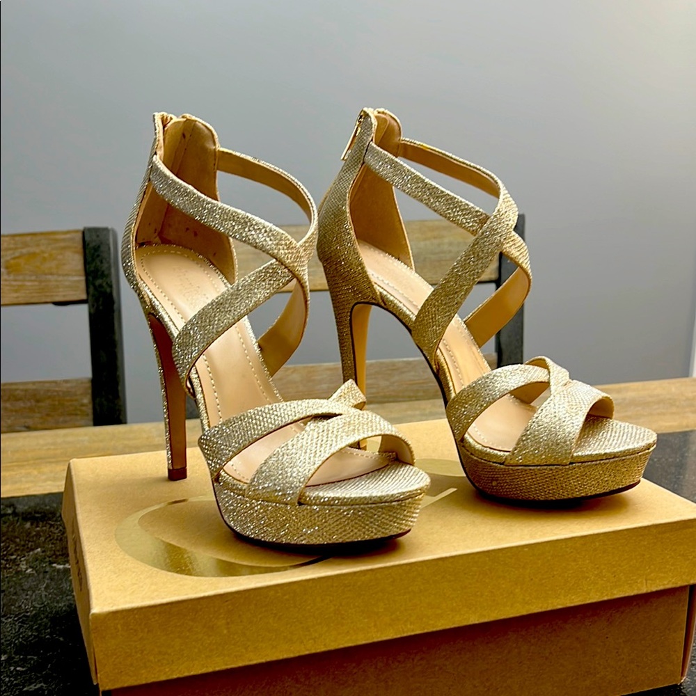 Charlotte Russe Gold Stiletto Heels with Cross-Ankle Straps